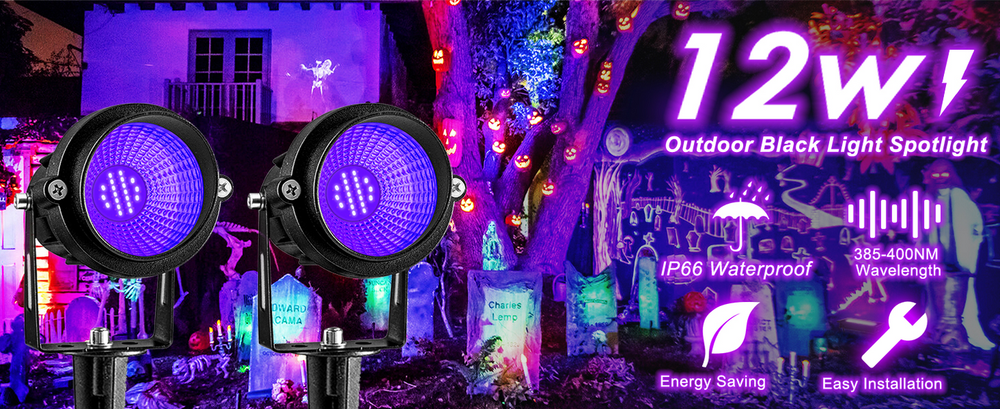 Akpgf 12W Black Light Spotlight, IP66 Waterproof Outdoor Black Light Spot Light Halloween Landscape Lighting with US Plug, Ideal for Glow Party Body Painting Glow in The Dark Yard Garden Decor(2Pack)