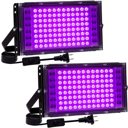 2 Pack 100W Black Light, LED Blacklight Flood Light with US Plug and Switch, Black Lights for Glow Party,Neon Party, Halloween,Body Painting,Birthday Party and Fluorescent Tapestry