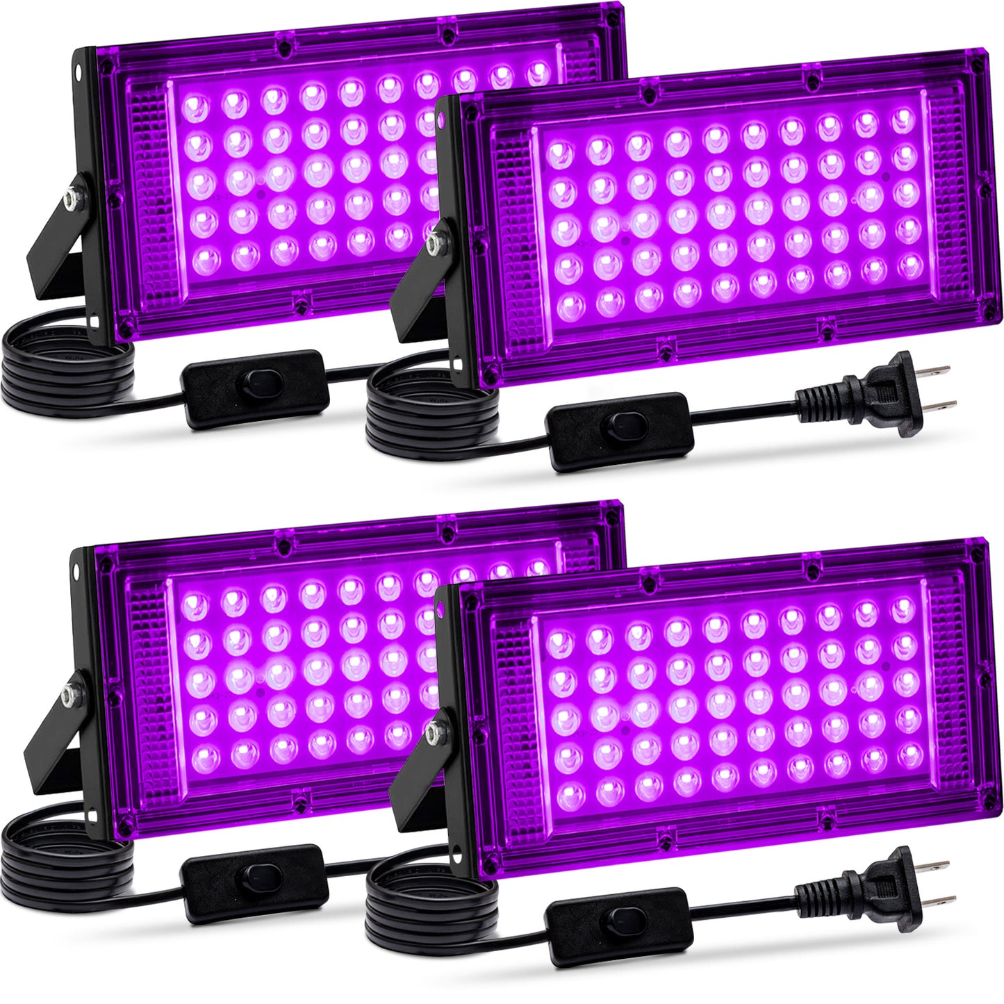 Akpgf 4 Pack 50W Black Light, LED Blacklight Flood Light with US Plug and Switch, Black Lights for Glow Party,Neon Party, Halloween,Body Painting,Birthday Party,Fluorescent Painting and Fluorescent Tapestry