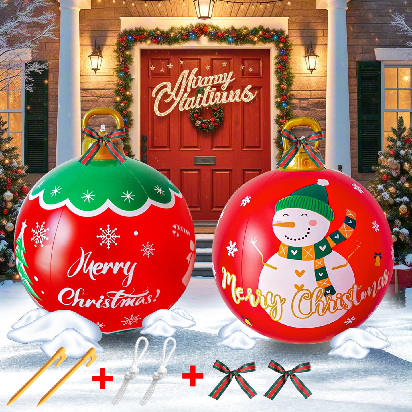 2Pcs 24 Inch PVC Giant Christmas Inflatable Ornaments, Inflatable Christmas Balls with 2 Christmas Ribbon and Stake, Christmas Decorations Ball for Holiday Indoor Outdoor Yard Tree Garden Lawn (Green)