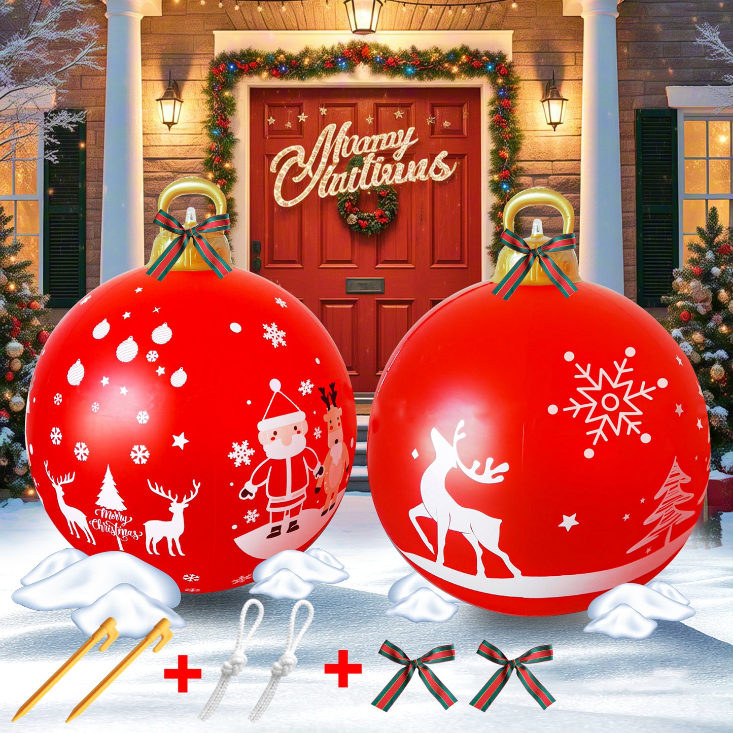 2Pcs 24 Inch PVC Giant Christmas Inflatable Ornaments, Inflatable Christmas Balls with 2 Christmas Ribbon and Stake, Christmas Decorations Ball for Holiday Indoor Outdoor Yard Tree Garden Lawn (White)