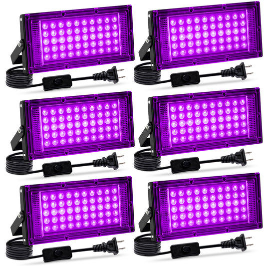 6 Pack 50W Black Light, LED Blacklight Flood Light with US Plug and Switch, Black Lights for Glow Party,Neon Party, Halloween,Body Painting,Birthday Party,Fluorescent Painting and Fluorescent Tapestry