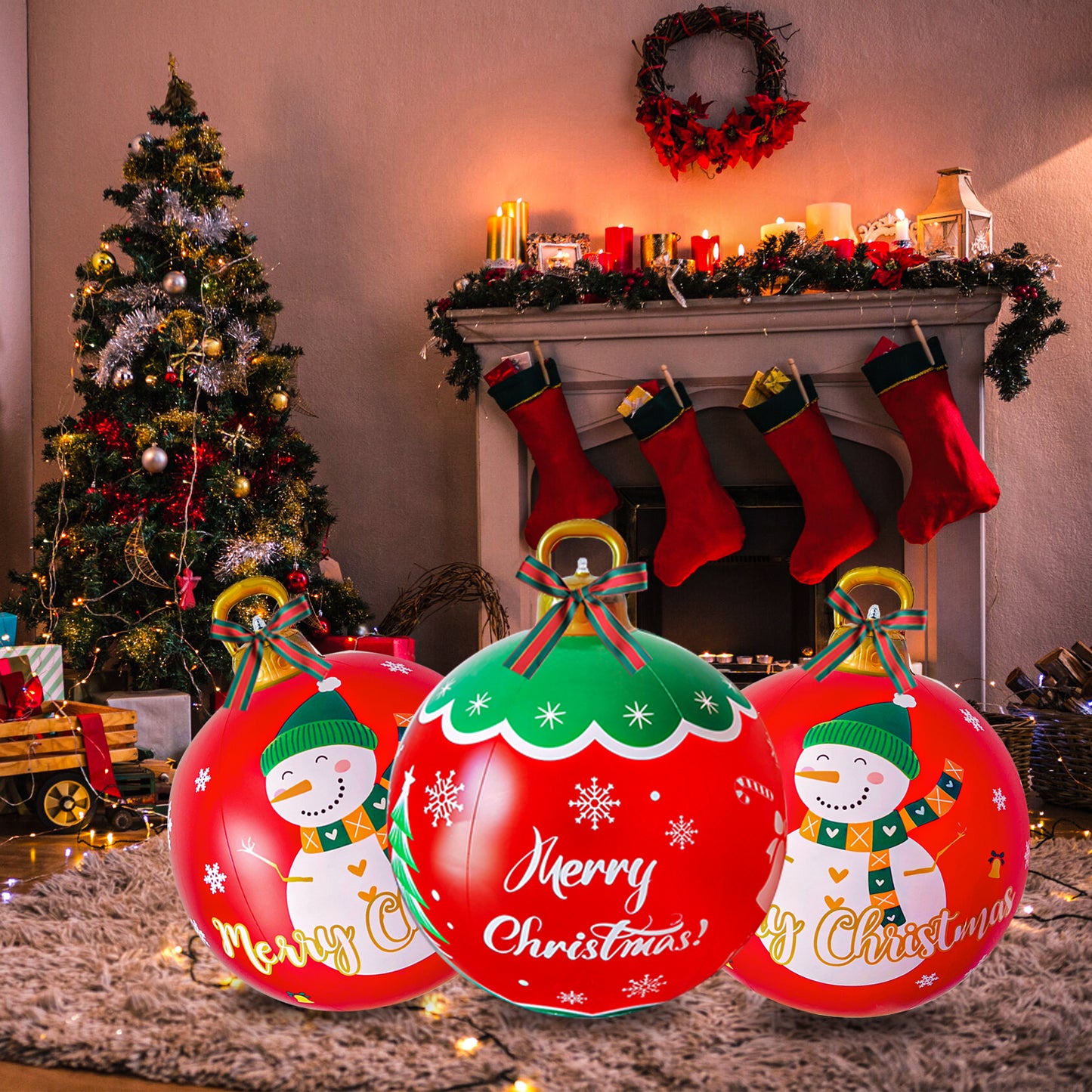 2Pcs 24 Inch PVC Giant Christmas Inflatable Ornaments, Inflatable Christmas Balls with 2 Christmas Ribbon and Stake, Christmas Decorations Ball for Holiday Indoor Outdoor Yard Tree Garden Lawn (Green)