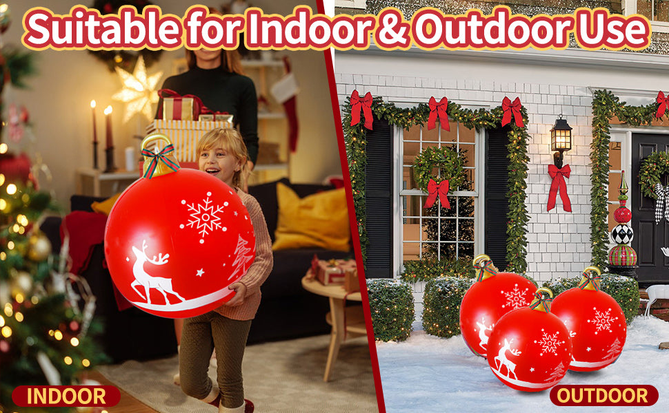 2Pcs 24 Inch PVC Giant Christmas Inflatable Ornaments, Inflatable Christmas Balls with 2 Christmas Ribbon and Stake, Christmas Decorations Ball for Holiday Indoor Outdoor Yard Tree Garden Lawn (White)